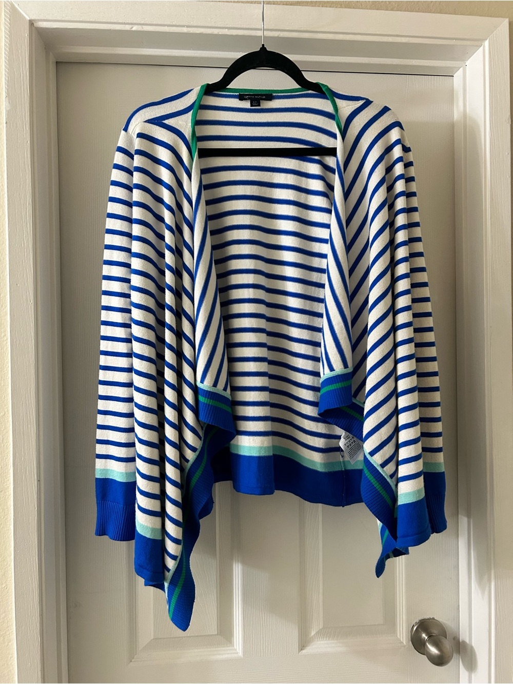 Tommy Hilfiger Blue and White Striped Open-Front Cardigan with Green Trim